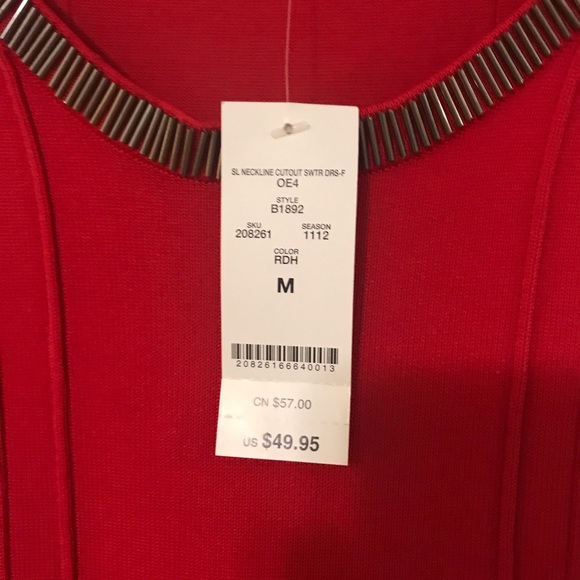 2 Bebe New Gorgeous Red Knit Dress with Cut-Out around Neckline w/ Jet Beading - Picture 7 of 9